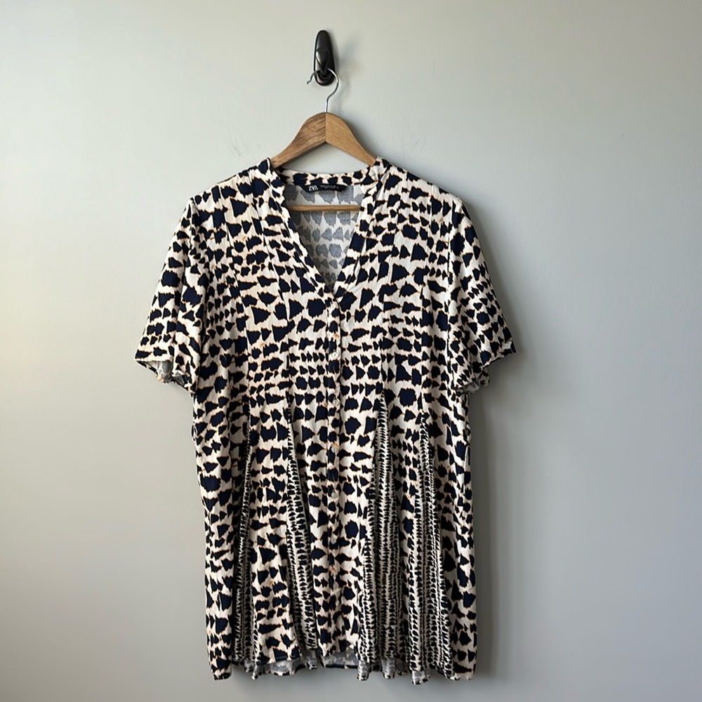 Zara Navy and Cream Button Down V Neck Linen Blend Summer Shift Dress M
